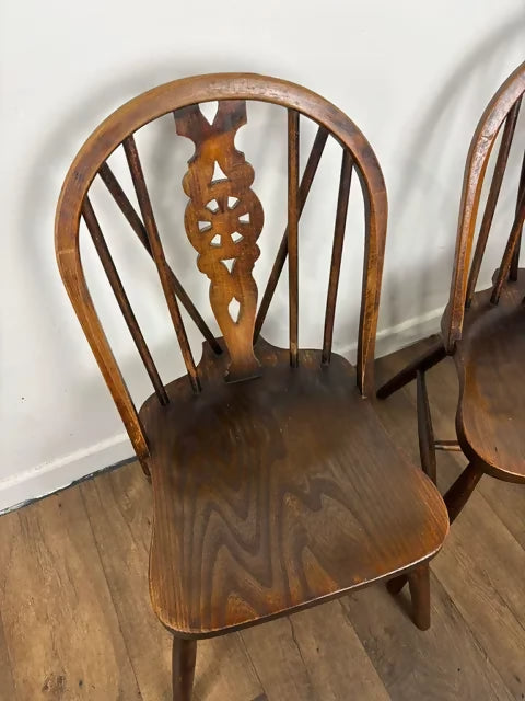 Vintage Set Of Four Oak Wheelback Dining Chairs