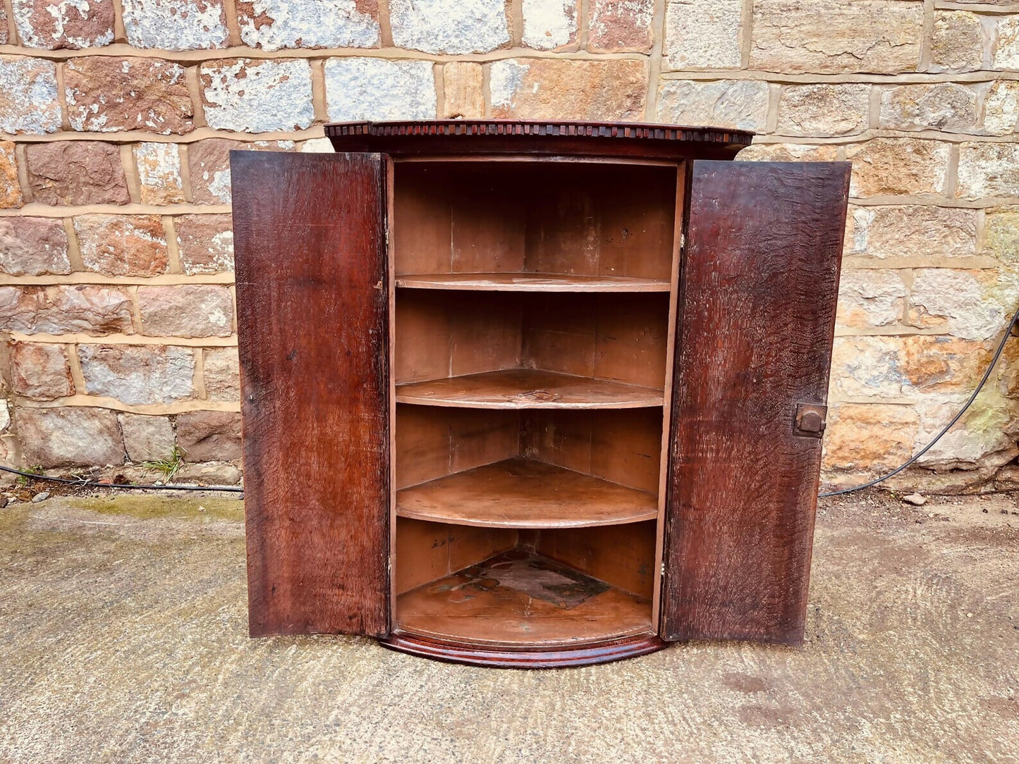 Antique Bow Front Corner Cupboard | Victorian Solid Wood Cabinet | Original Patina | Period Storage