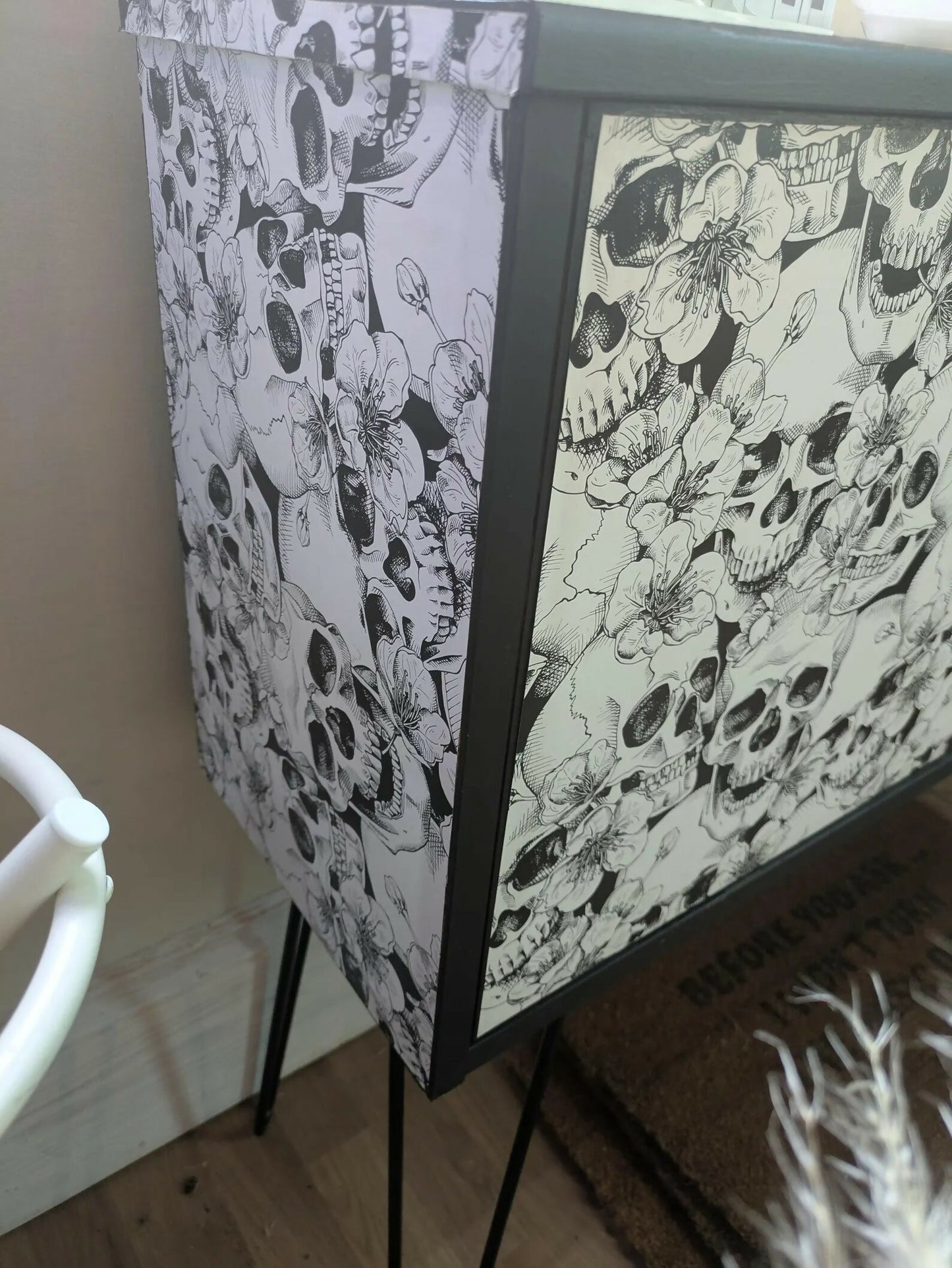 G plan Sideboard Drinks Cocktail Cabinet Black And White Skull Print Painted Upcycled Furniture Commission Piece