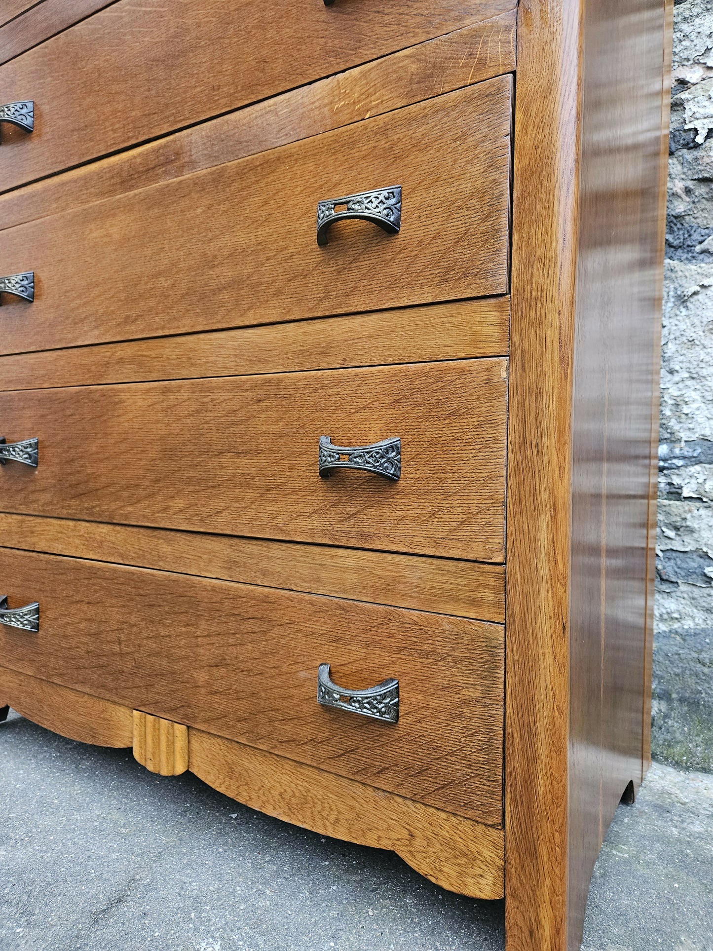 Vintage Oak Tallboy Chest of Drawers: Antique Cabinet with Detailing Five Drawer