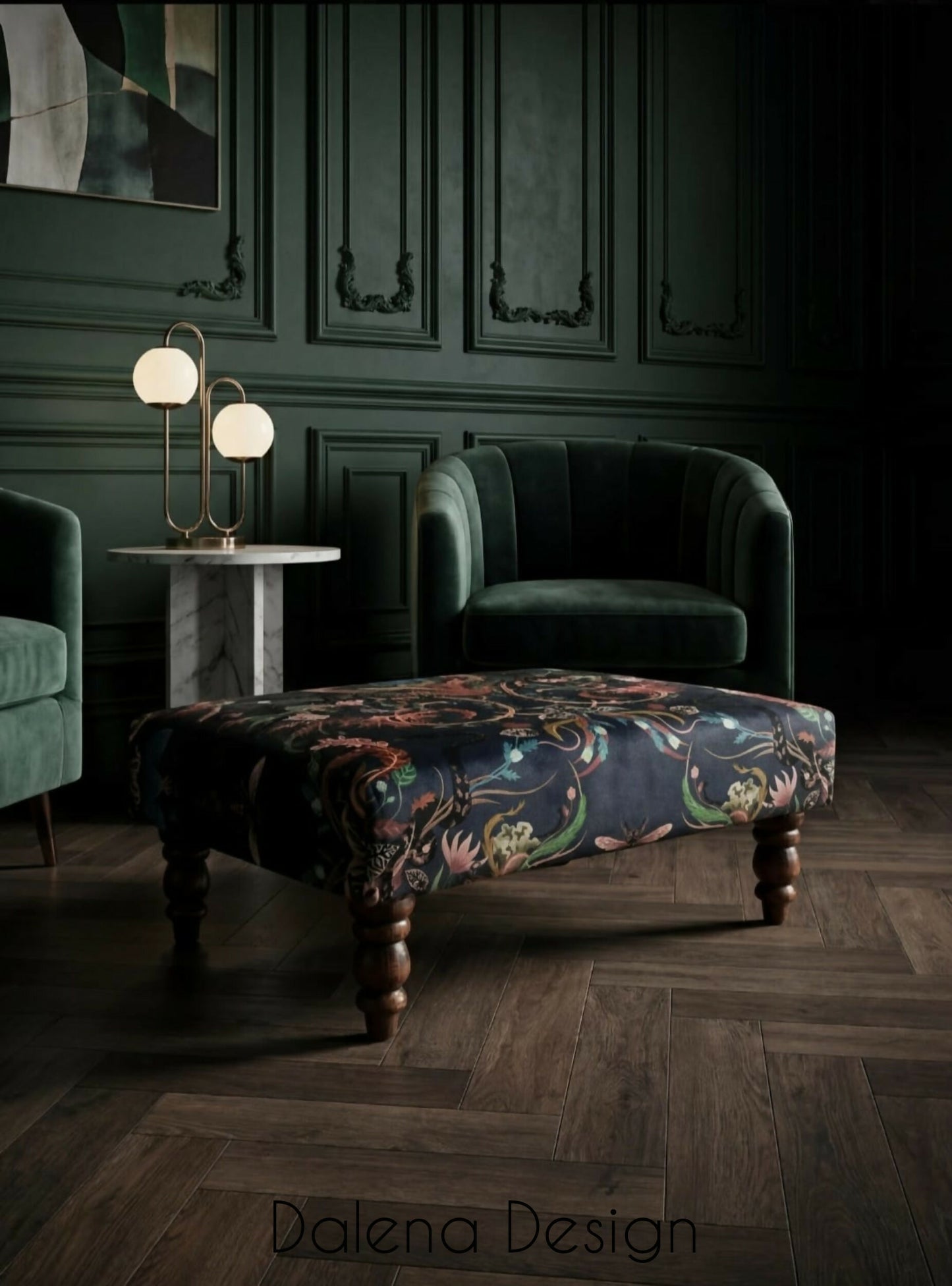 Luxurious handcrafted footstool in Becca Who "Serpentine " fabric
