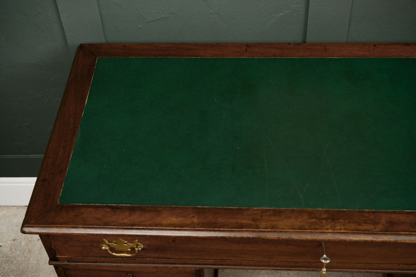 Victorian Oak Pedestal Desk with Full Width Drawer & Green Top