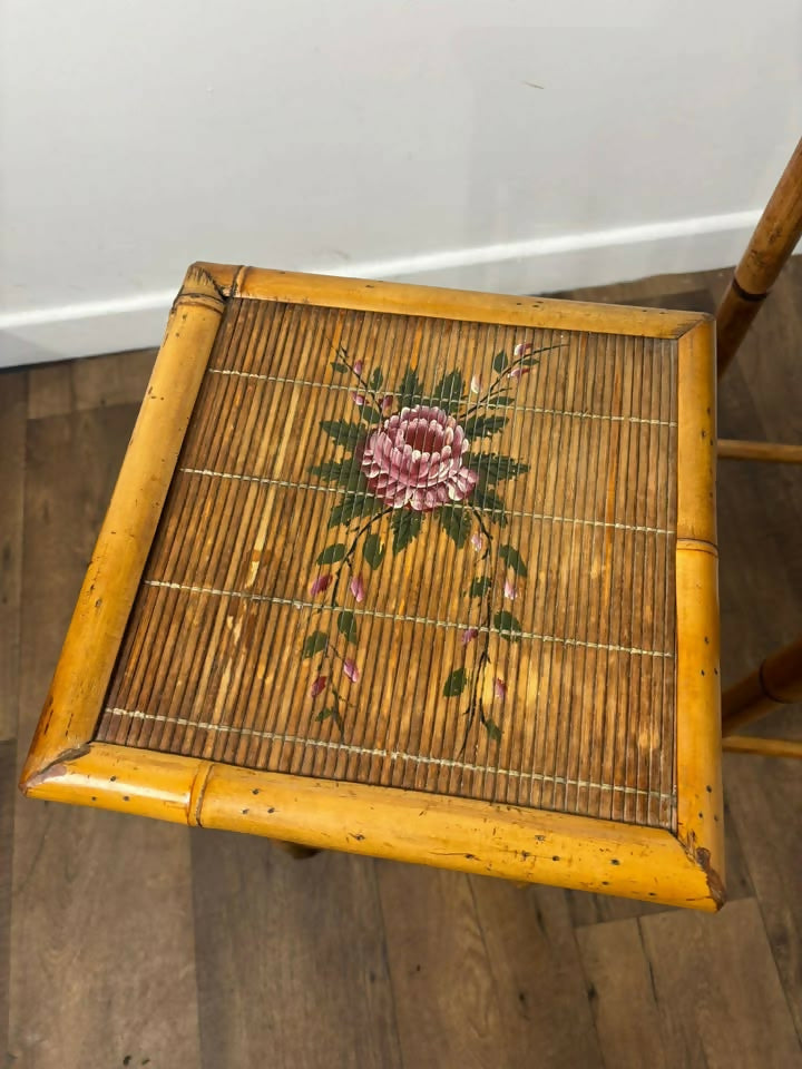 Pair of Vintage French Bamboo Side Tables with Hand-Painted Rose Detail