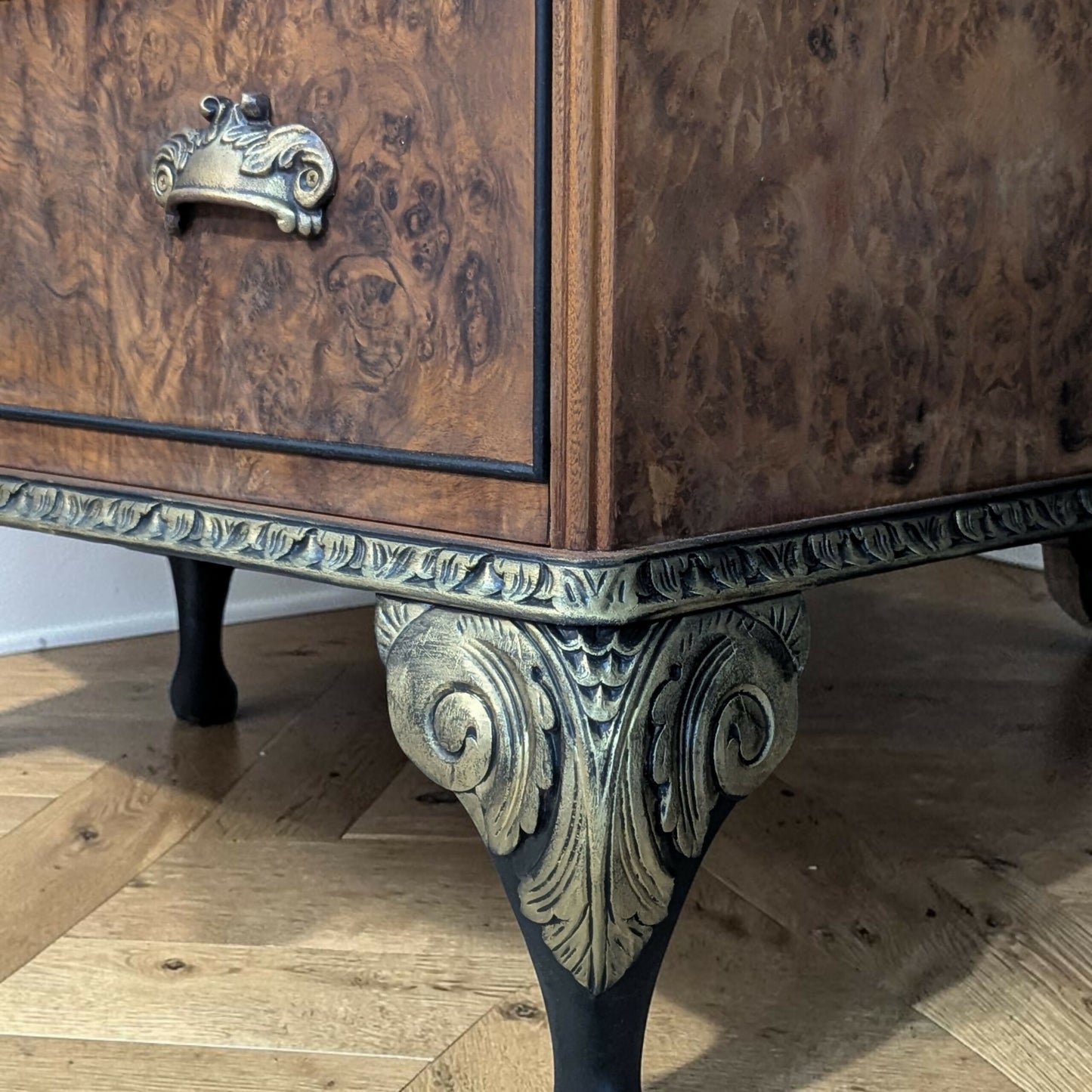 Solid walnut chinoisorie burr wood black gold bureau desk drawers