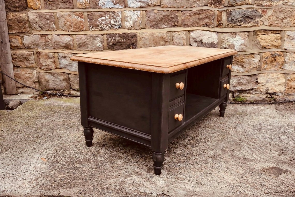 Extra Large Double-Sided Coffee Table with 8 Drawers | Hand Painted Deep Blue | Solid Wood Storage Table