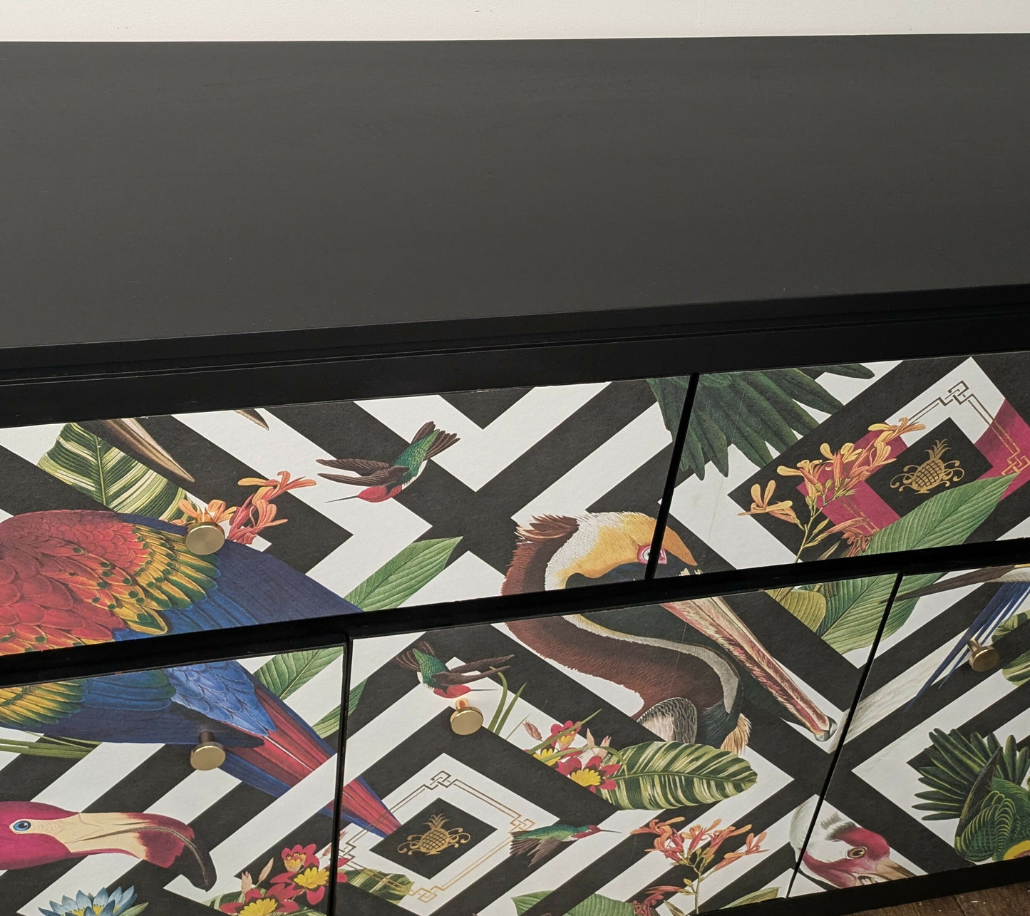 Solid Oak Vintage Sideboard Upcycled Painted Black. Animal Bird Geometric Print