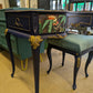 Vintage French Dressing Table, Desk Bedroom Office. Painted Furniture. Upcycled Navy Blue Gold Tropical Bird Commission Piece