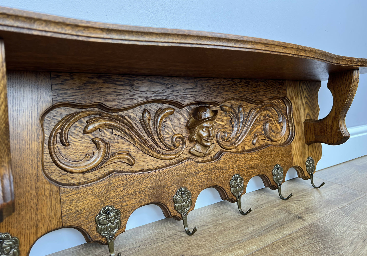 Coat Rack Vintage French Oak Wall Mounted 6 Hooks Carved Rack Hanger LOT 6202