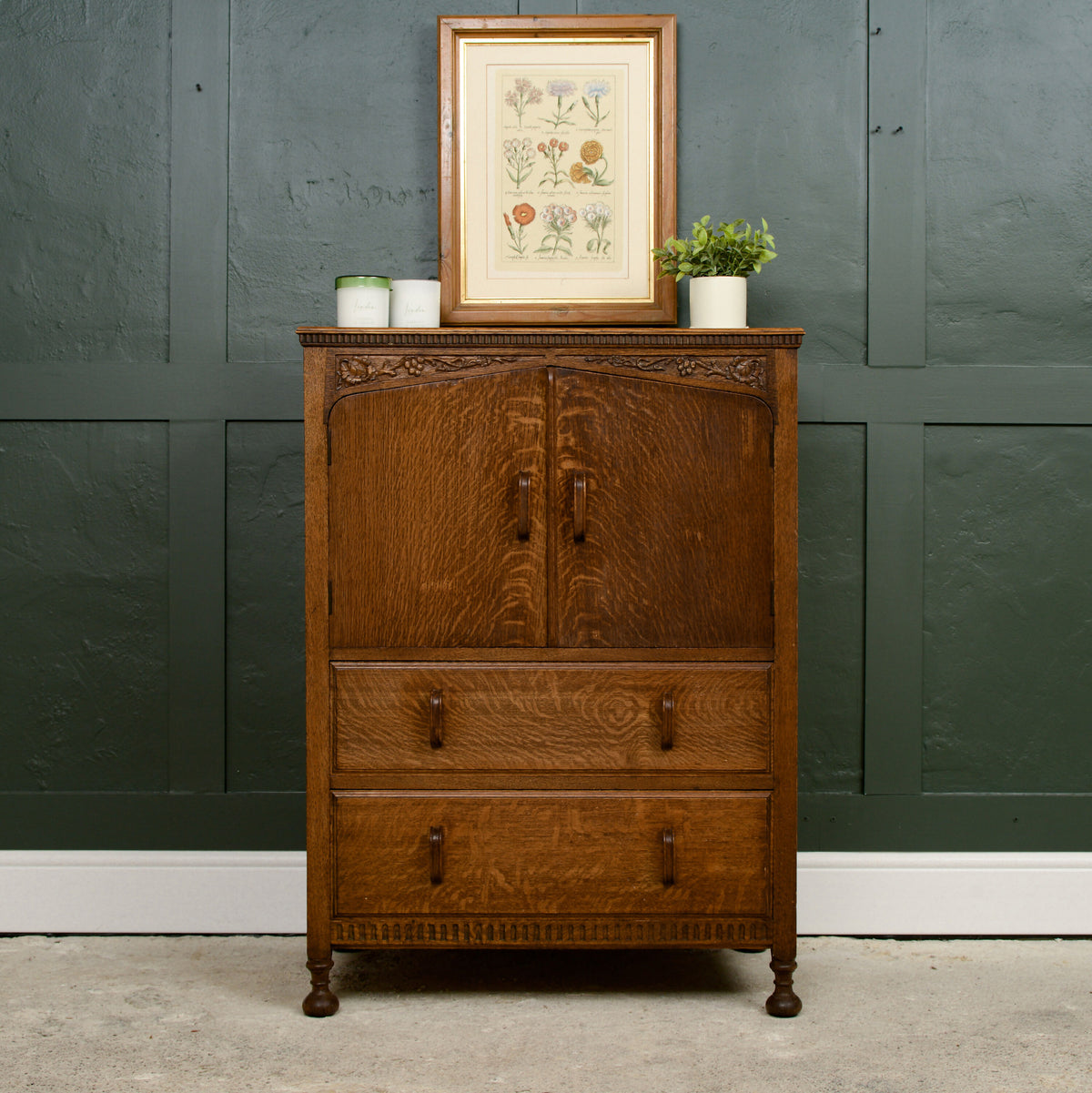 Art Deco Solid Oak Tallboy - Linen Cabinet - Cupboard Drawers