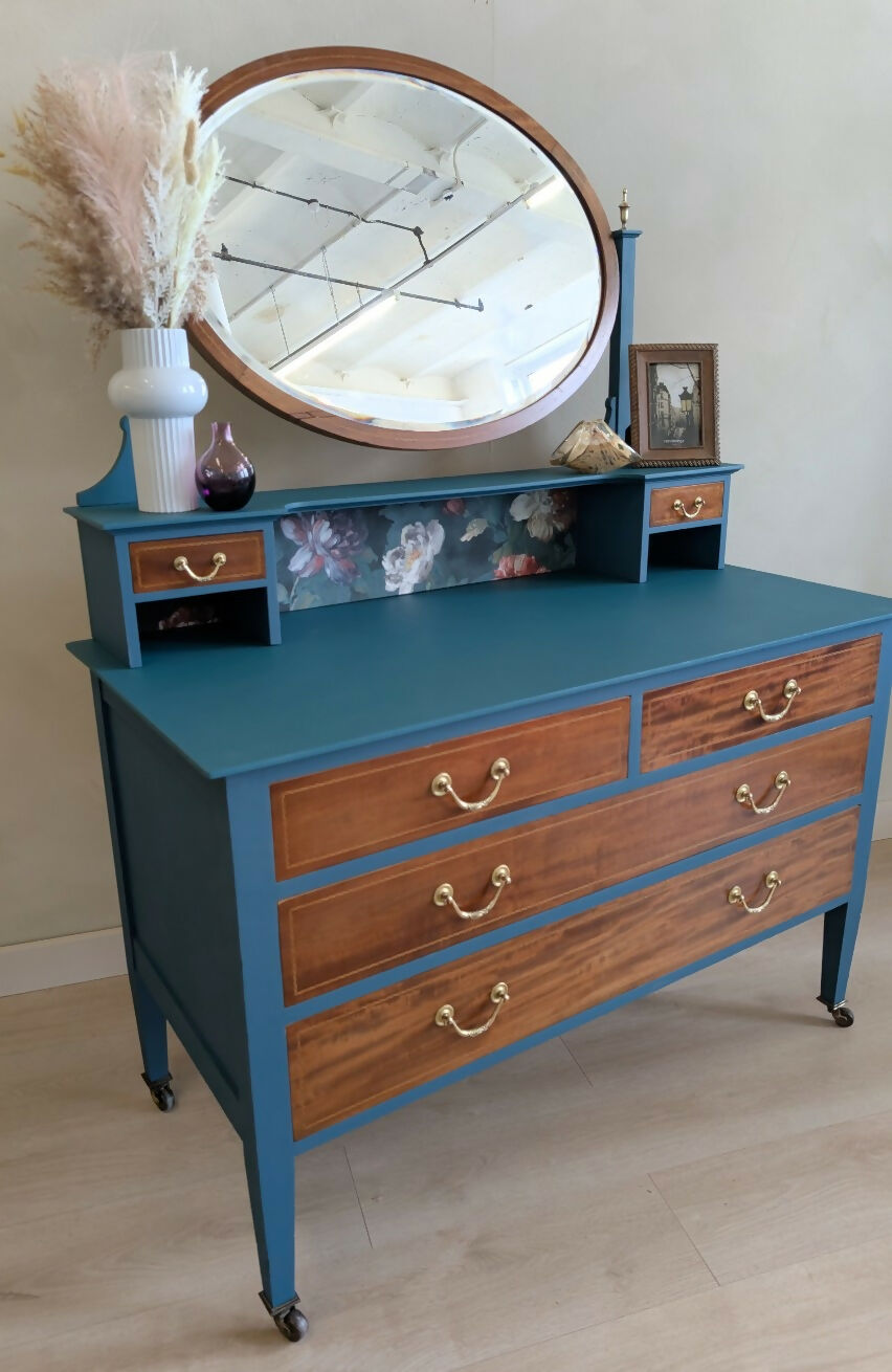 Chest of Drawers with Oval Mirror Antique Solid Wood & Painted with Botanical Drawer Interiors One of a Kind Statement Piece