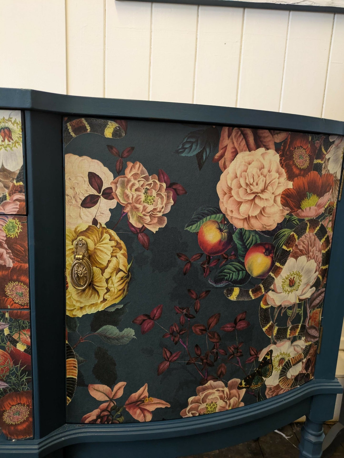 Strongbow Vintage Sideboard Dresser Painted Upcycled Dark Teal Floral Snake Print Commission Piece