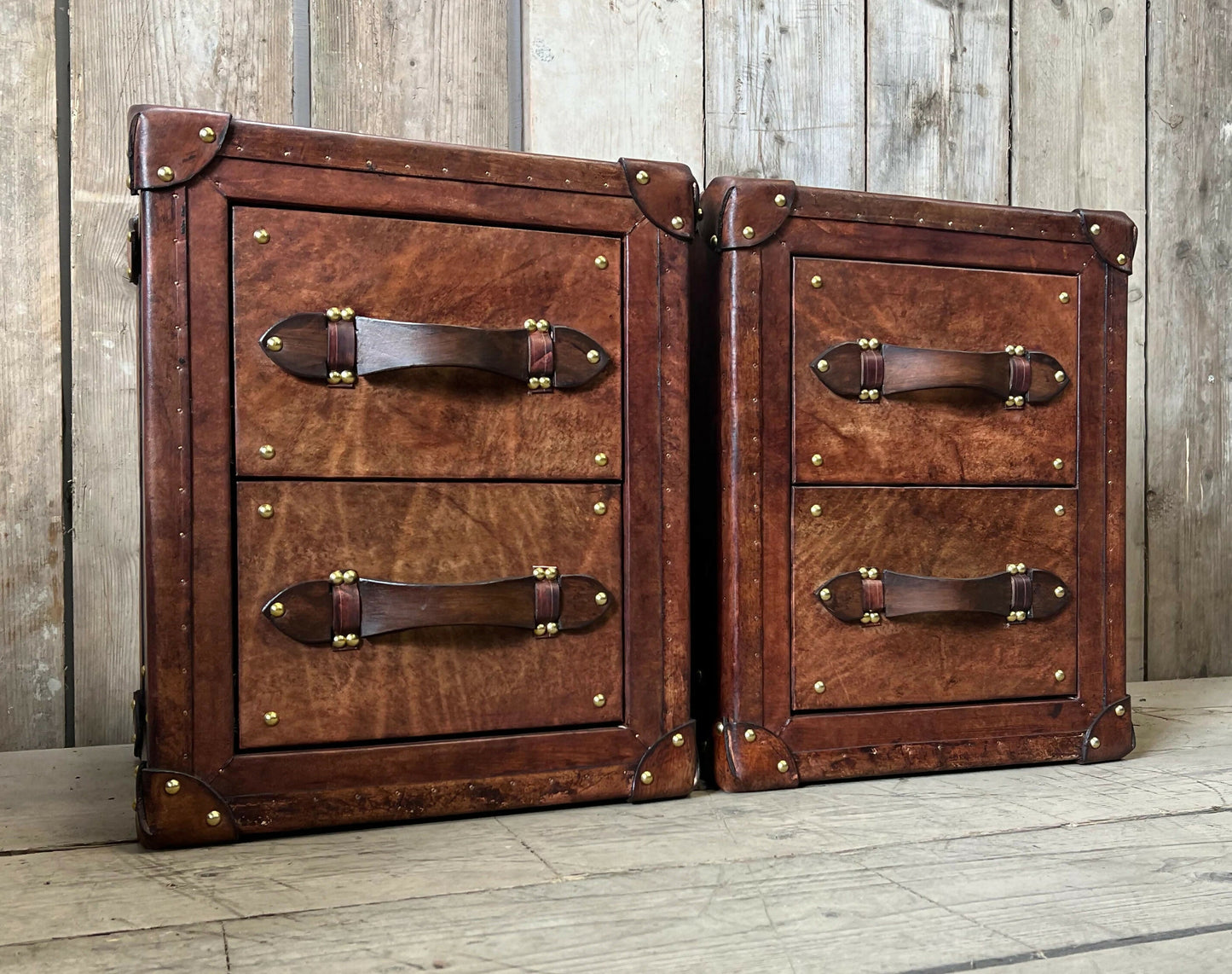 Bespoke English vintage bedside cabinets - custom wood framed - luxury hand dyed leather nightstands