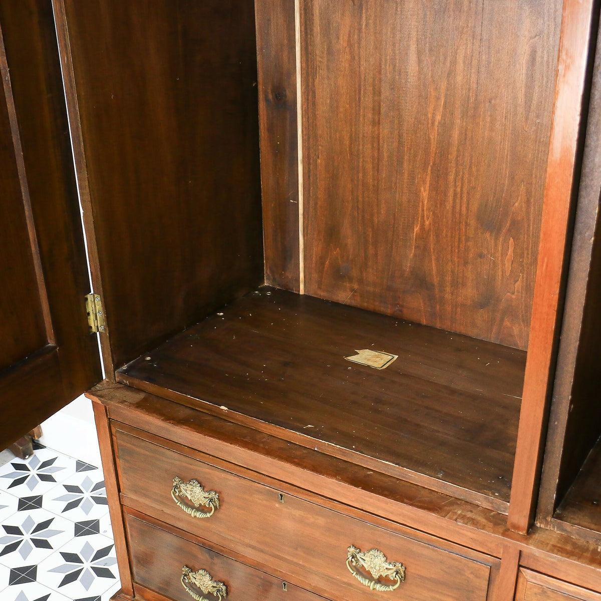 Antique Double Wardrobe Mirrored Doors and Graduated Drawers Late Victorian