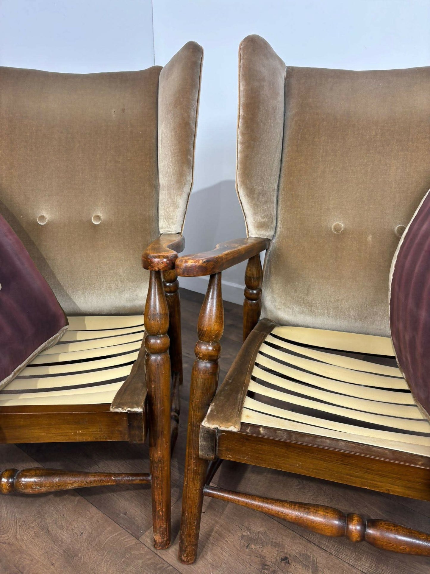 Vintage Pair Of Oak Framed Wing Back Armchairs