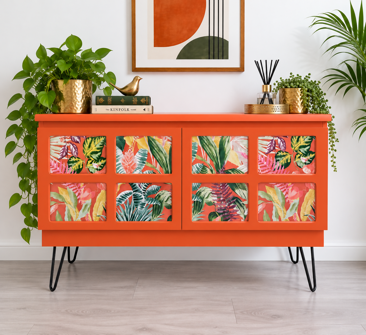Tropical Coral Sideboard | Mid-Century Modern Cocktail Cabinet | Botanical Statement Furniture
