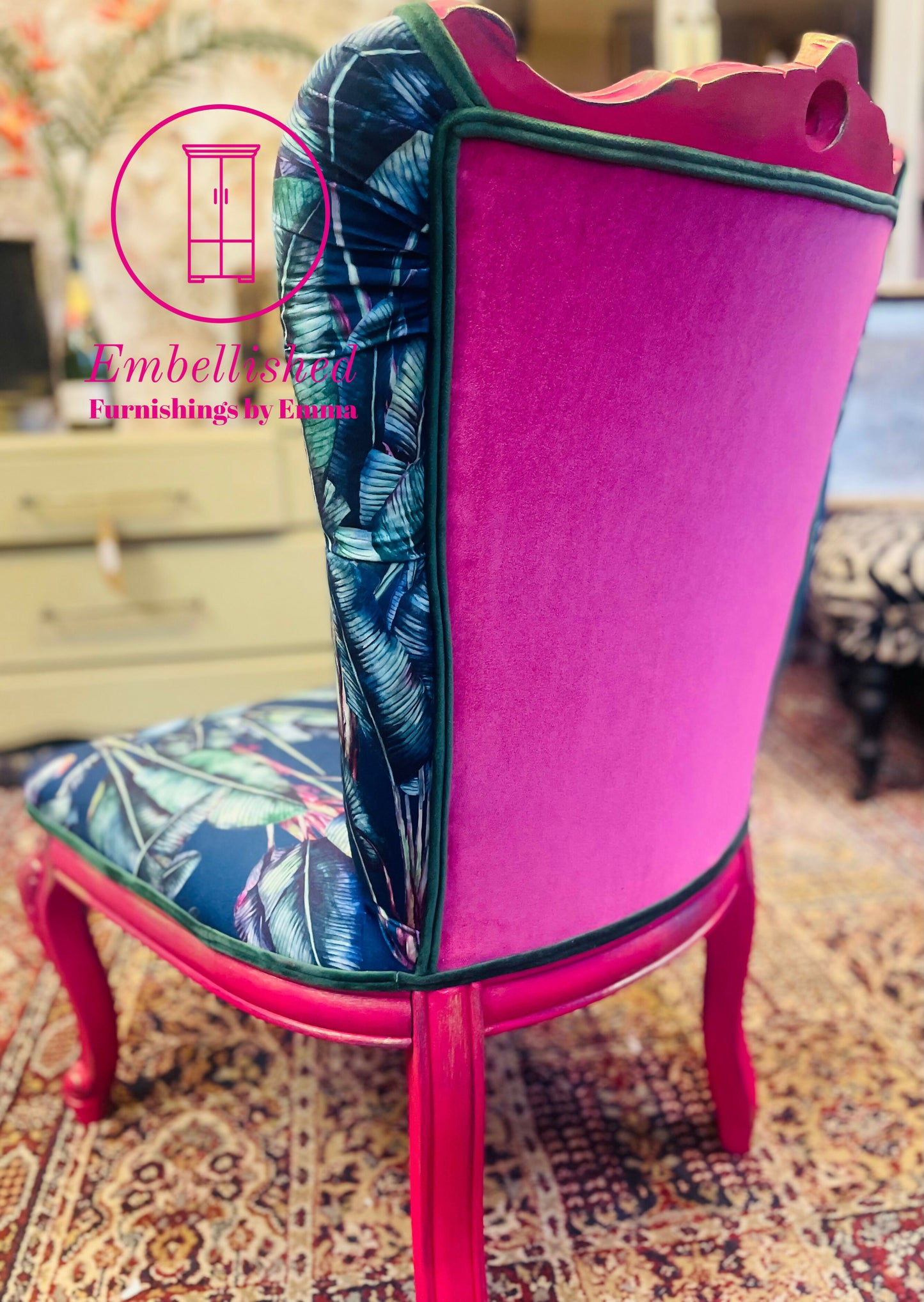 Bold statement accent chair. Pinks,blues and golds