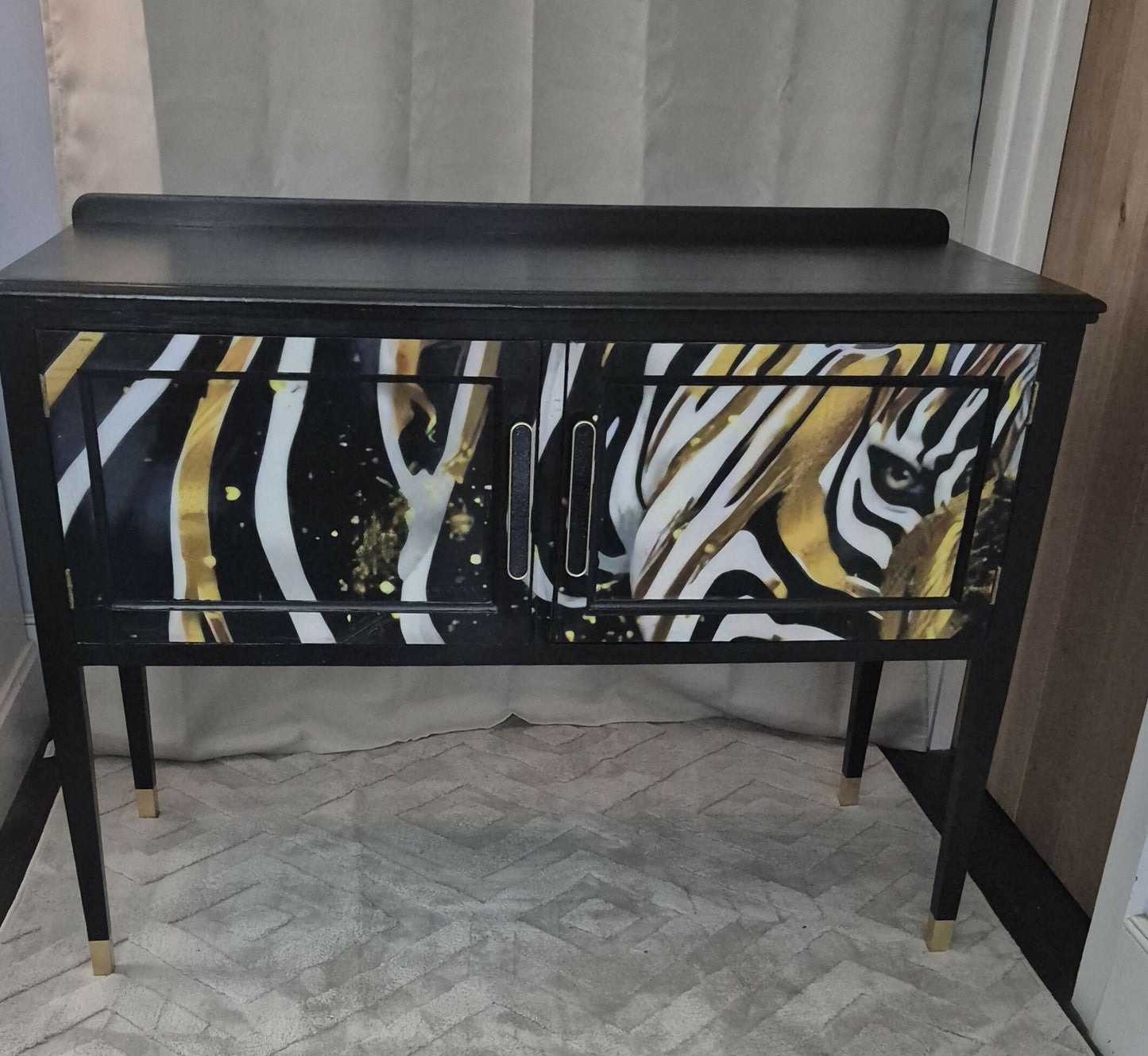 Upcycled Black Sideboard TV Stand with Zebra Print Doors | Gold Leaf Feet | Statement Cabinet | Opus Equus