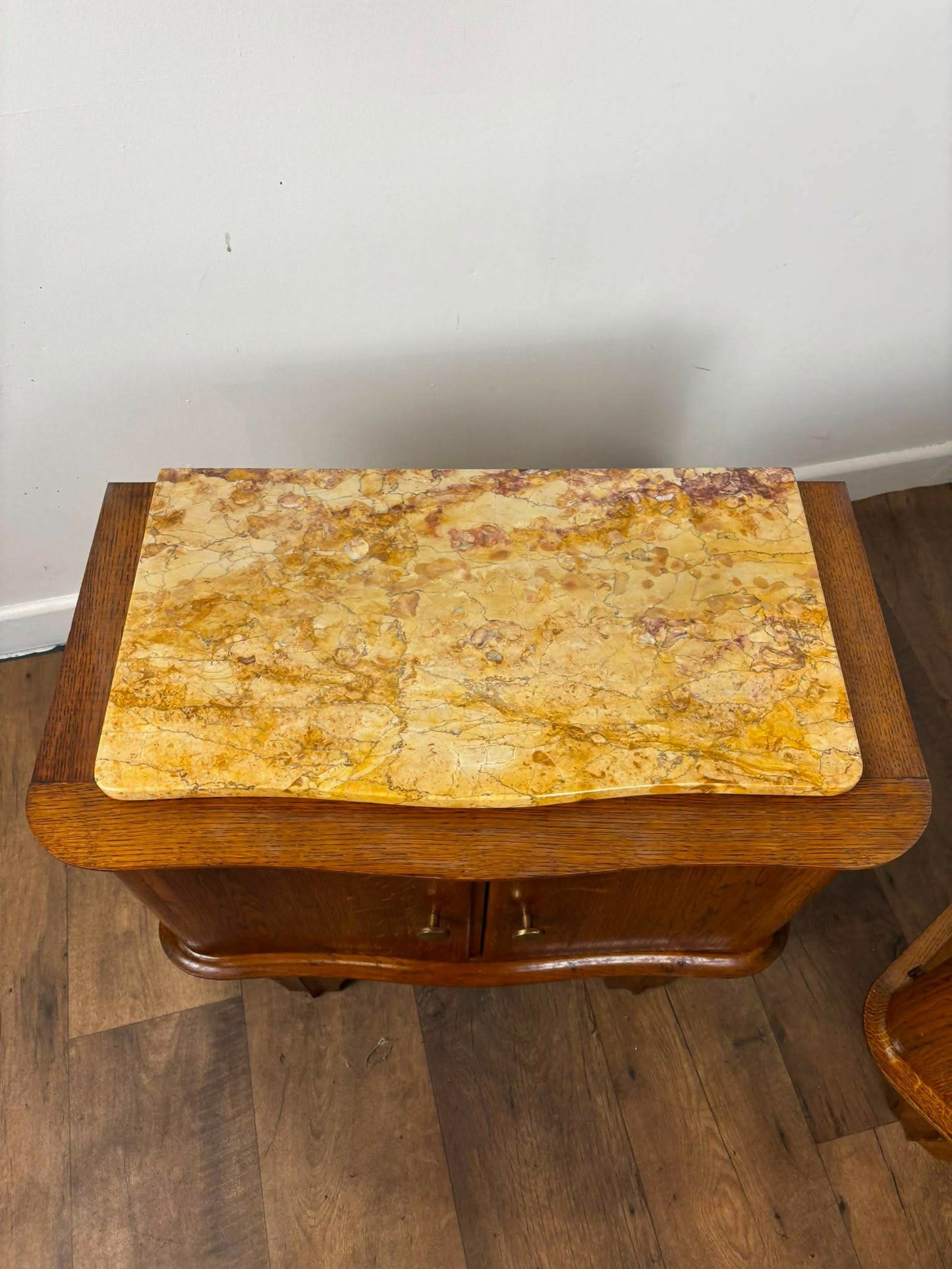Pair of French Art Deco Oak Bedside Cabinets with Marble Tops