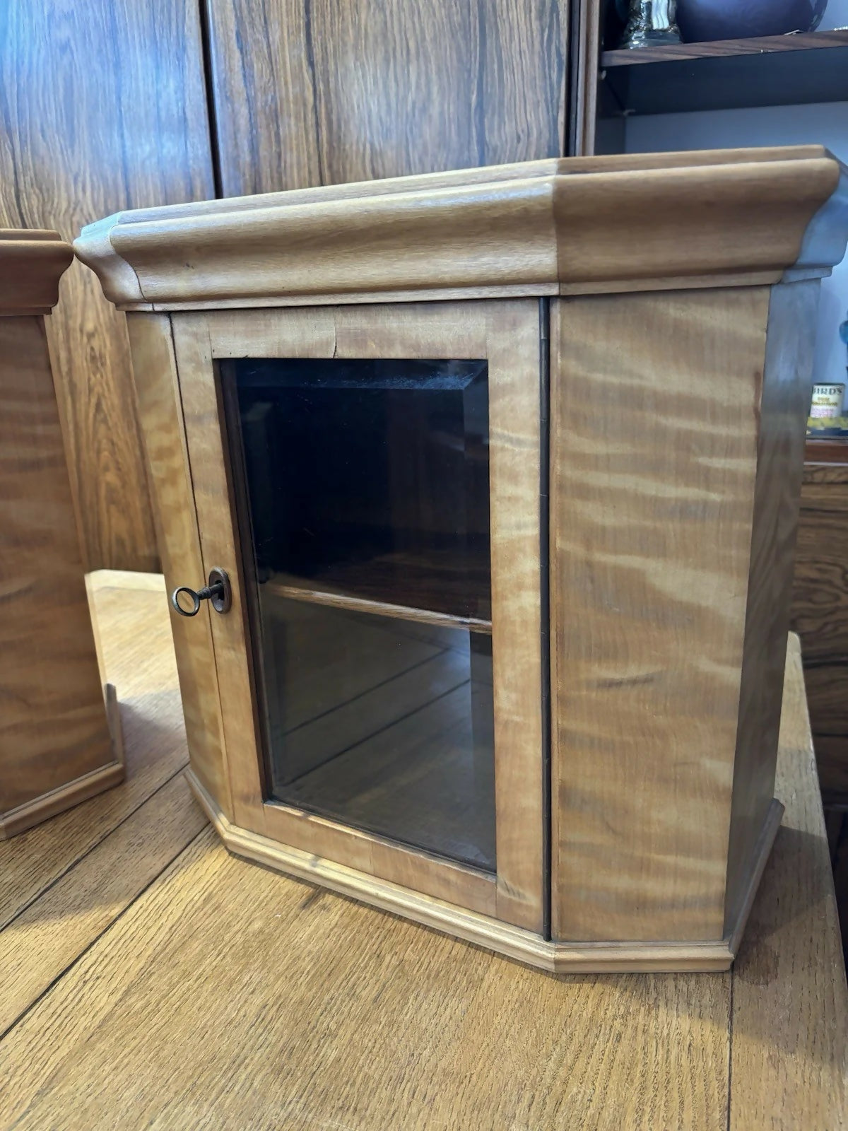 Satinwood Table Or Wall Small Vintage Display Cabinets. Lock & Key, Bevelled Glass