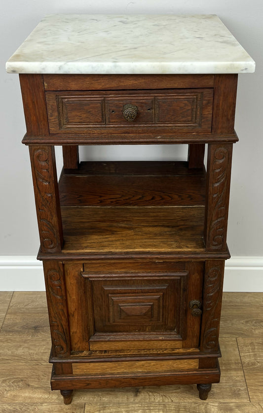 Bedside Table Antique French Marble Top Oak Cabinet Carved Cupboard LOT 6352