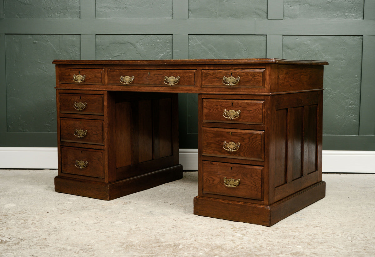 Large Antique Oak Pedestal Desk - Solid Oak