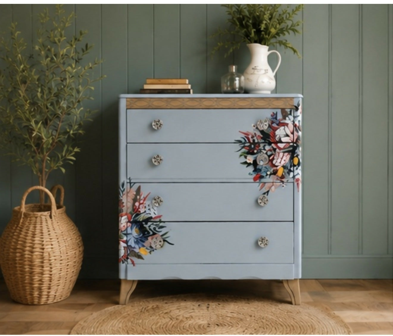 Harris Lebus Vintage Chest Of Drawers Painted Pale Blue with Floral Transfers Botanical