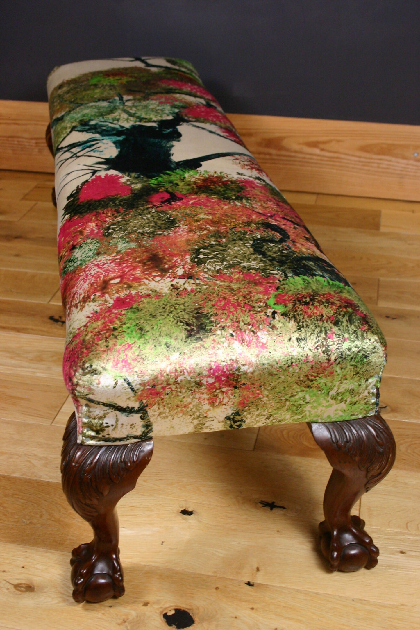 Maple & Co Oversized Antique c1900 Bench Footstool in Timorous Beasties Pinyin Tree Velvet