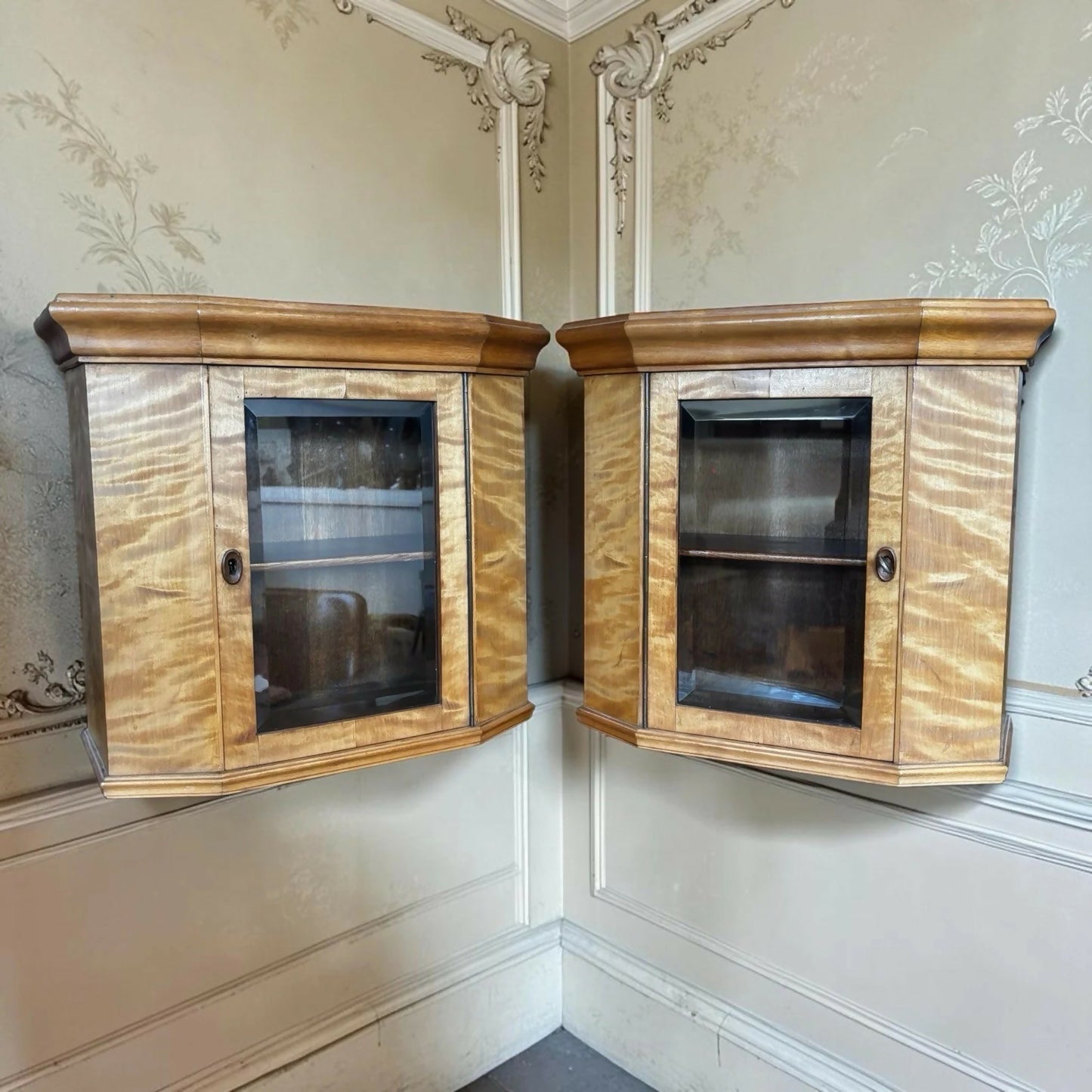 Satinwood Table Or Wall Small Vintage Display Cabinets. Lock & Key, Bevelled Glass