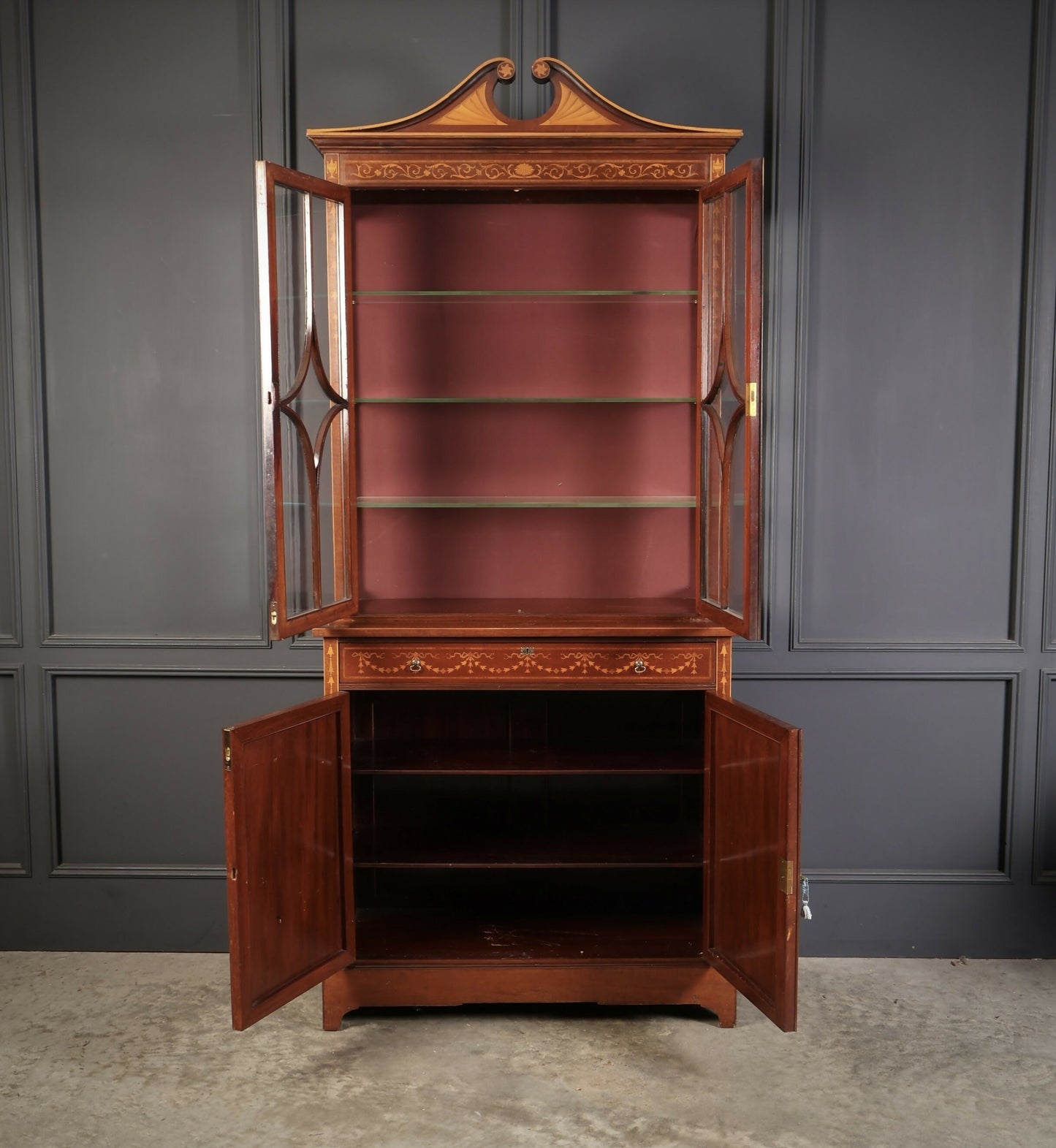 Marquetry Inlaid Mahogany Glazed Vintage Display Cabinet