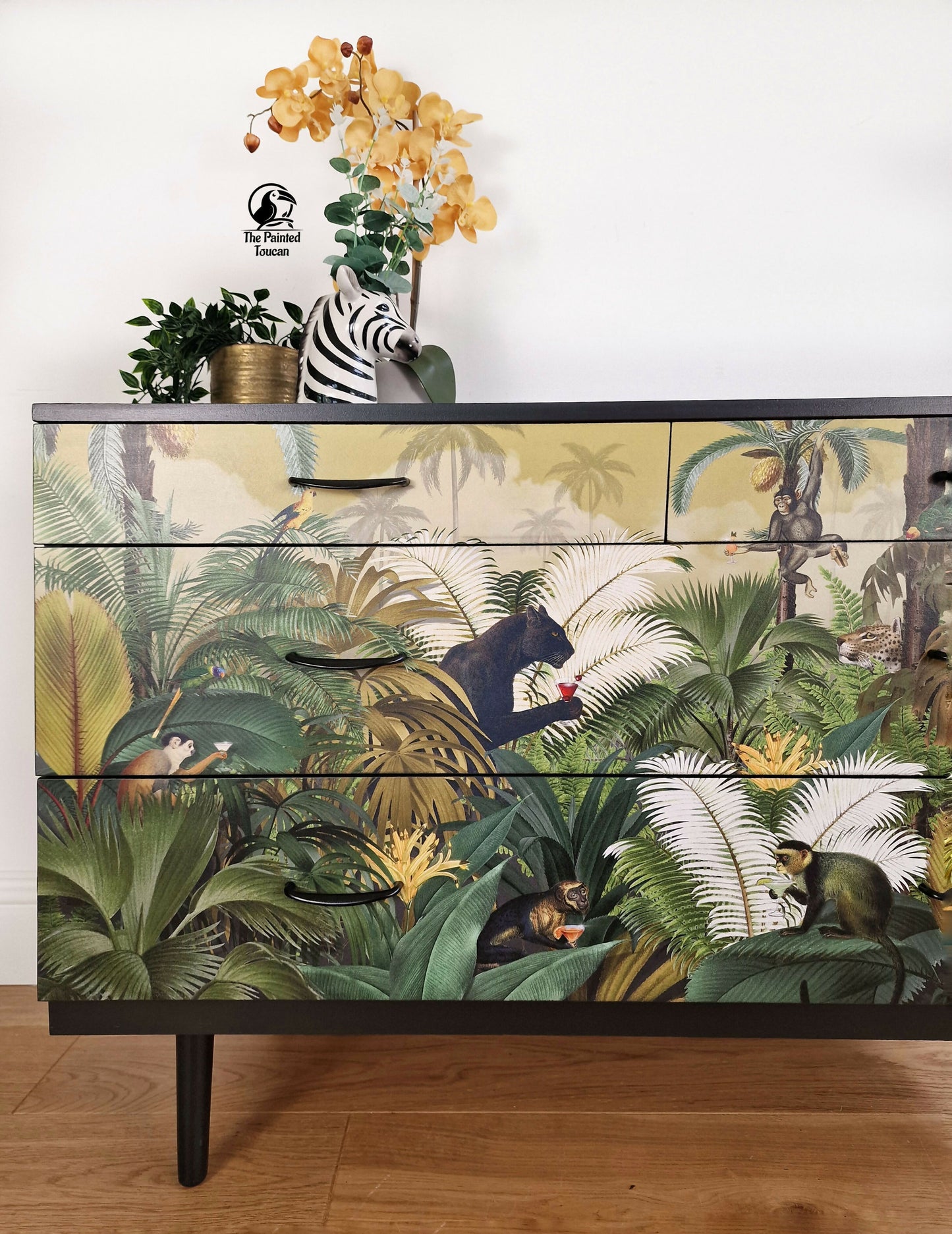 Black Mid-Century Modern MCM Stag Chest of Drawers with Jungle Decoupage