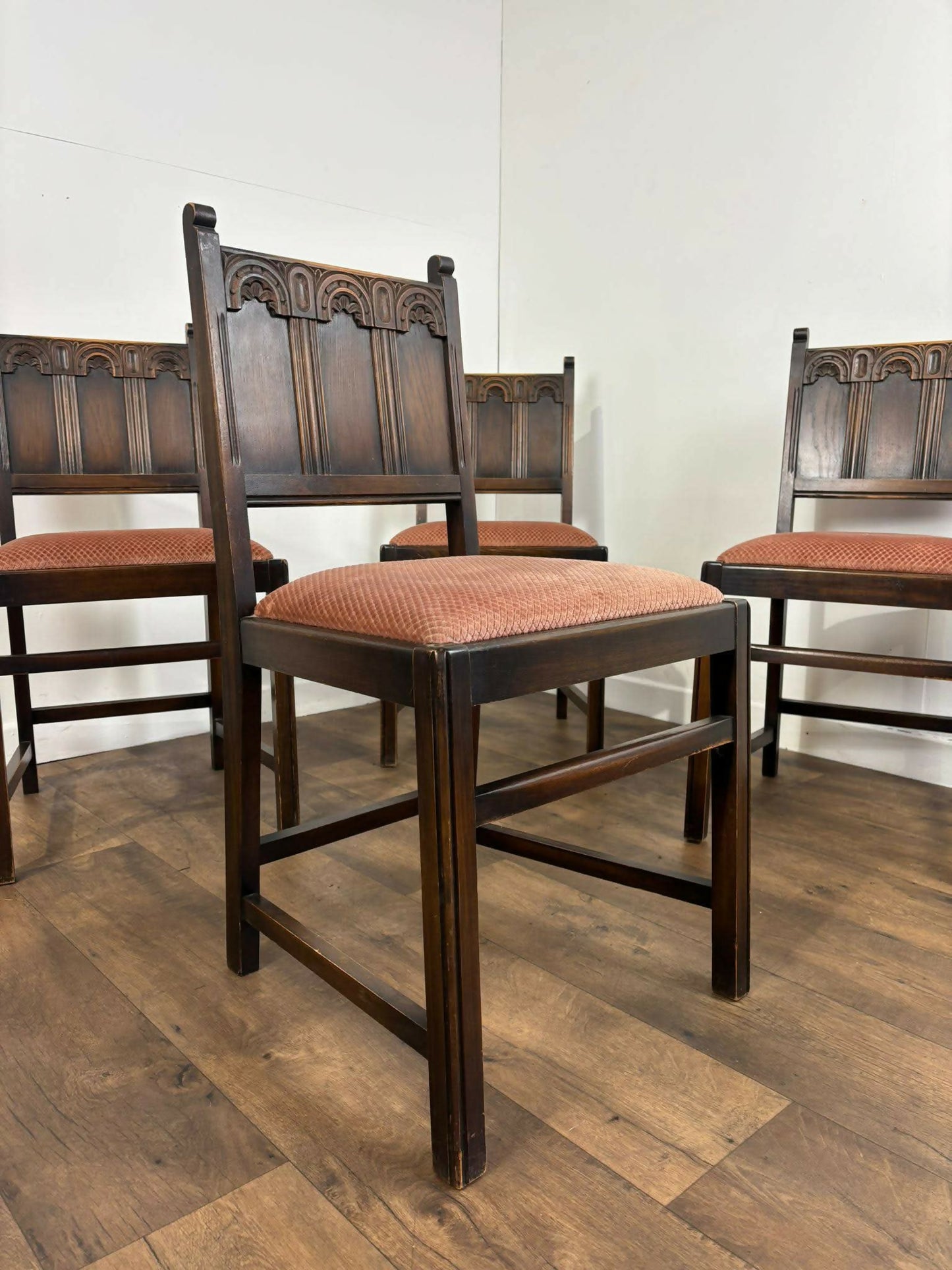 Vintage Set Of Four Oak Priory Style Dining Chairs