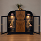 Curved Art Deco walnut drinks cocktail cabinet in navy blue and gold with peacock design. Glass display, Drinks cabinet, Sideboard