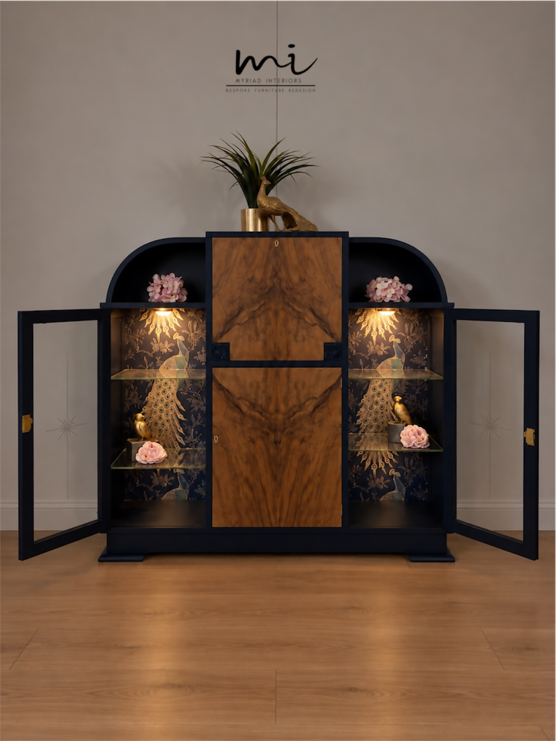 Curved Art Deco walnut drinks cocktail cabinet in navy blue and gold with peacock design. Glass display, Drinks cabinet, Sideboard