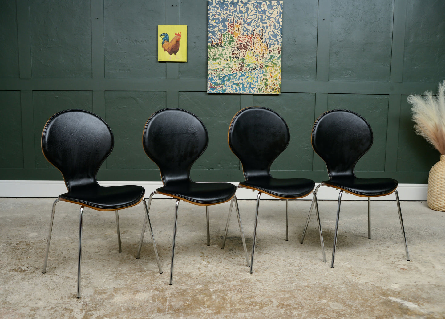 4 Dwell Bentwood Dining Chairs - Black Leatherette Seats - MCM Style