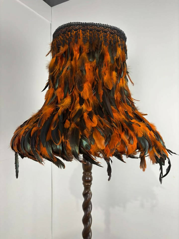 Vintage Barley Twist Standard Lamp with Handmade Feather Shade