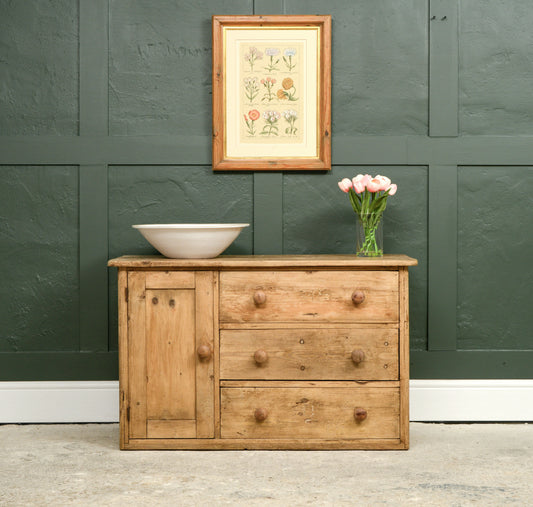 Victorian Pine Rustic Kitchen Sideboard with Cupboard & Drawers