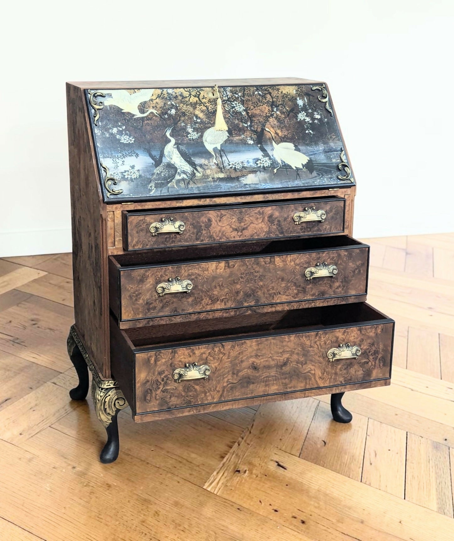 Solid walnut chinoisorie burr wood black gold bureau desk drawers