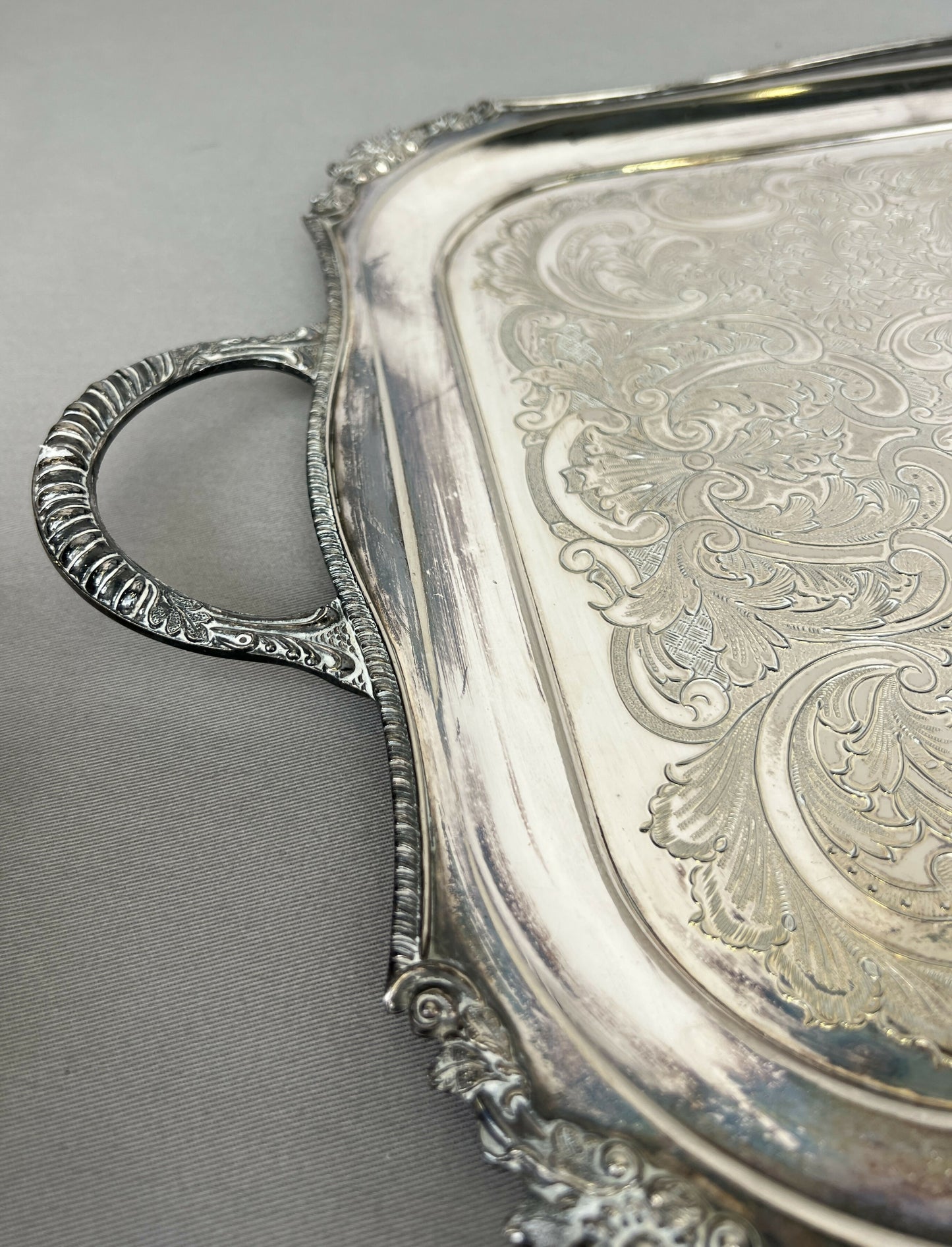 Serving Tray Vintage Metal Ornate Engraved Twin Handle English Tray LOT 6444
