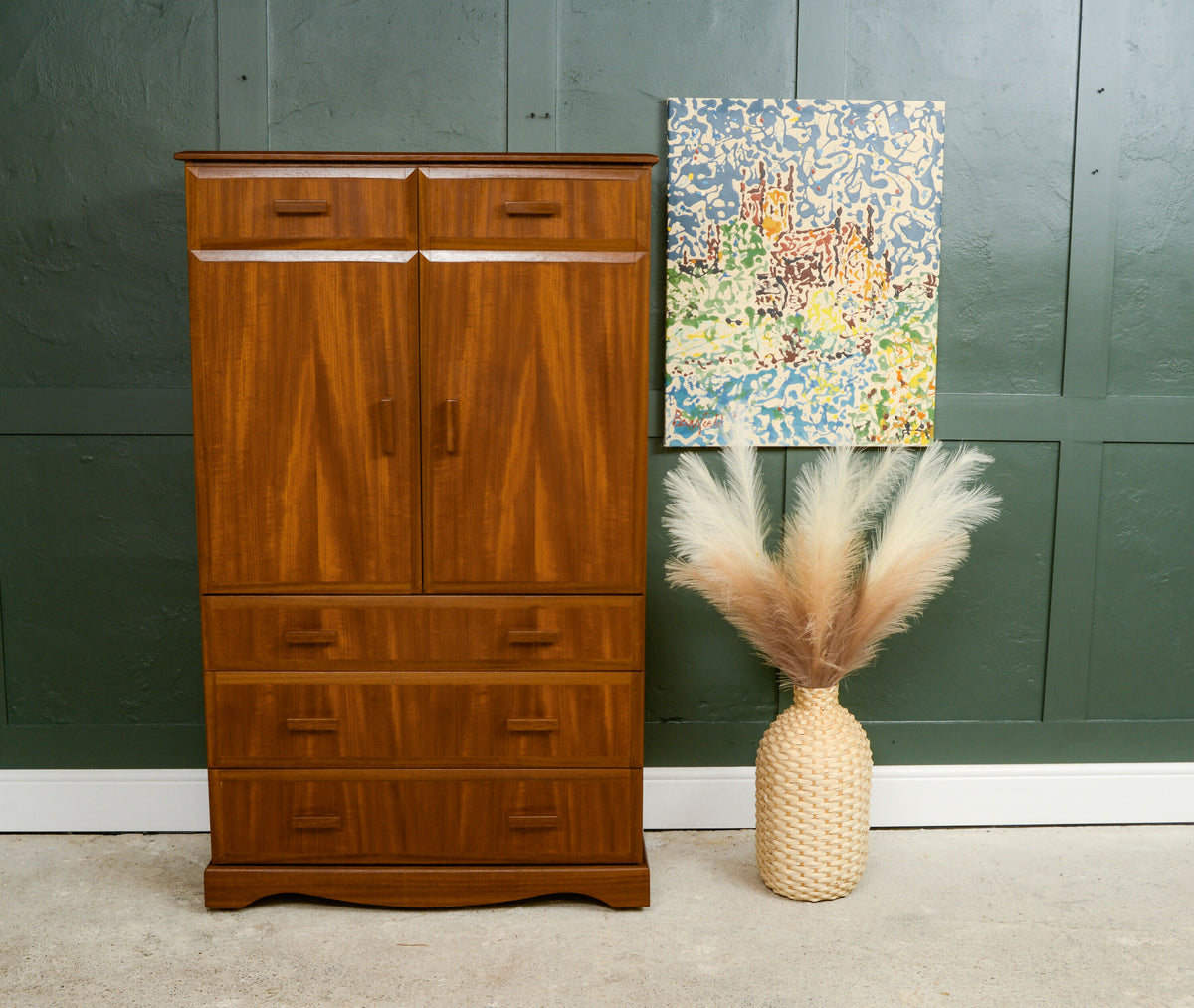 Large Mid Century Tallboy Linen Cabinet with Drawers
