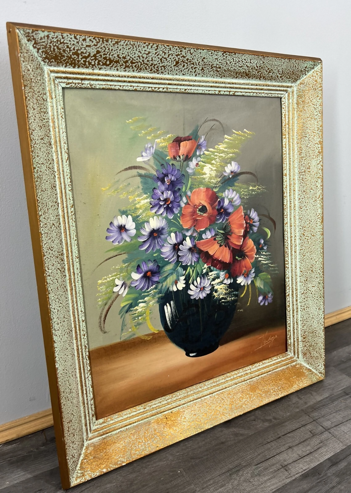 Painting Vintage French Floral Vase Red Purple Flower Signed Framed LOT 3878