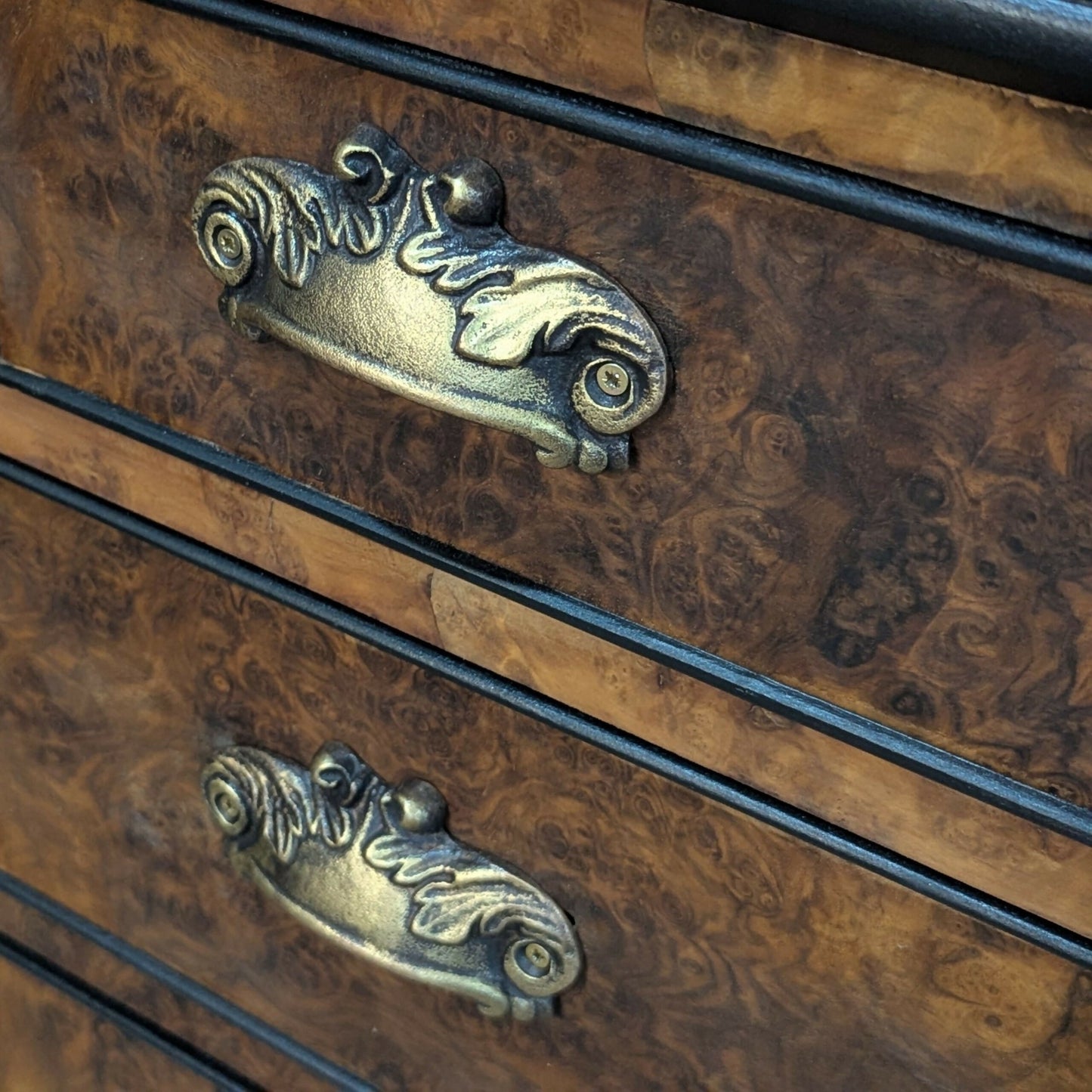 Solid walnut chinoisorie burr wood black gold bureau desk drawers