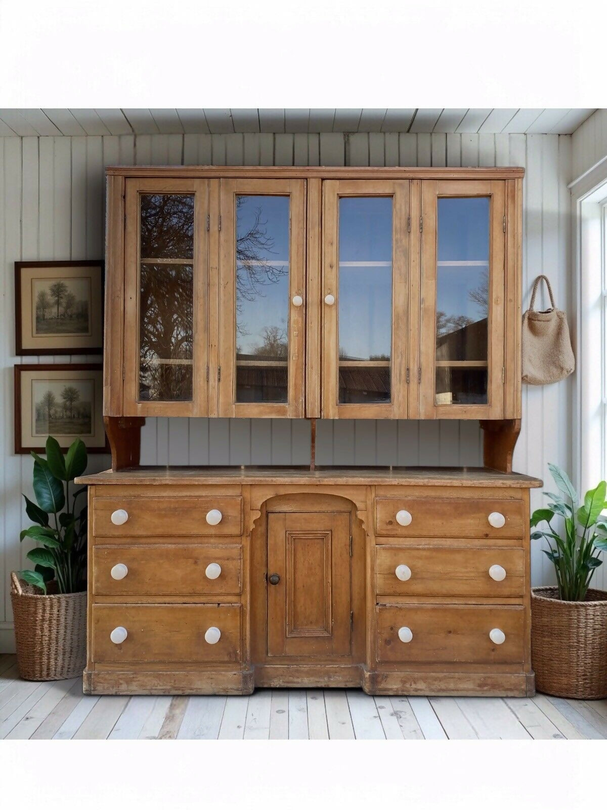 Large Antique Victorian Pine Glazed Dresser Housekeepers Cupboard