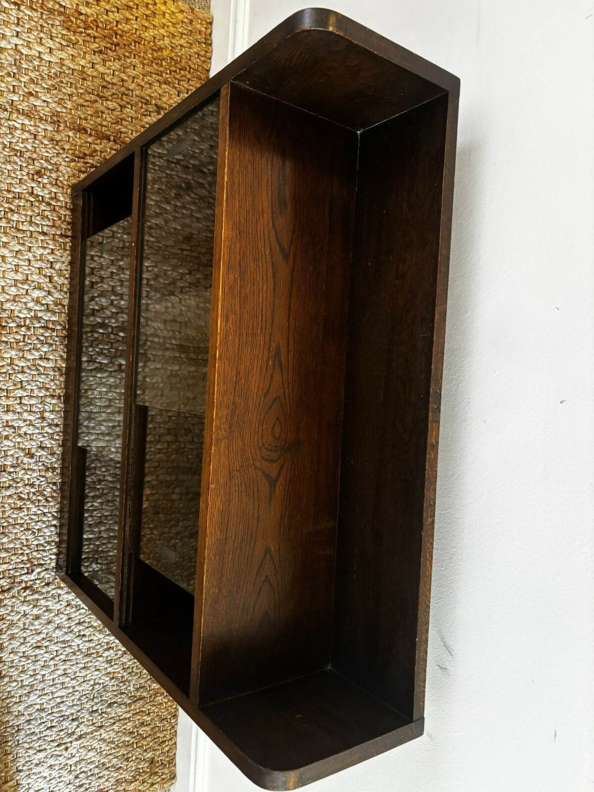 Vintage Mid Century Oak Glazed Bookcase Sliding Glass Doors Display Cabinet 60s