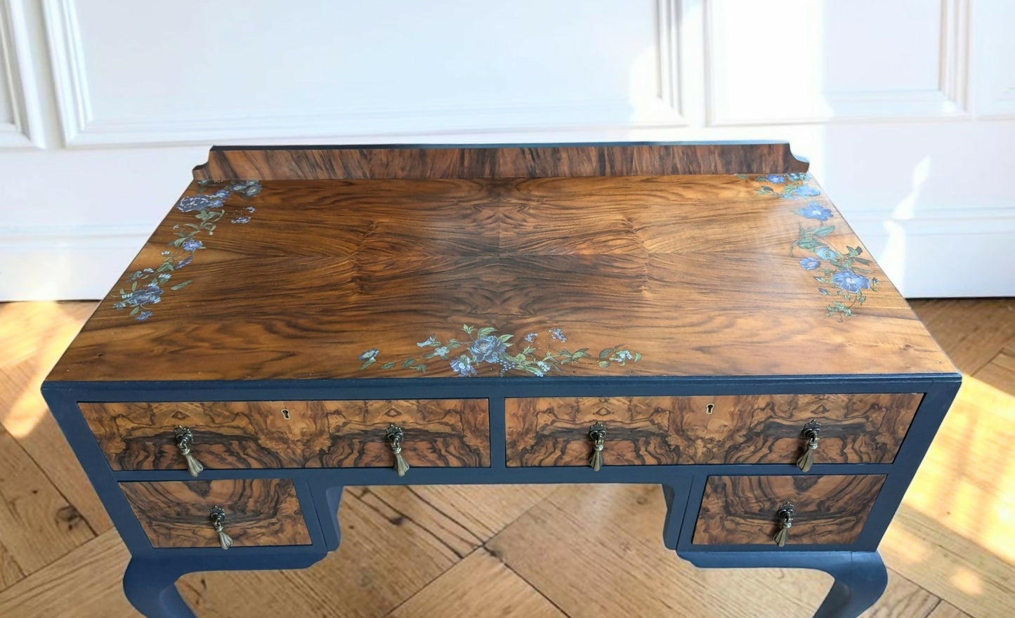 Vintage art deco navy blue walnut burr wood desk/ dressing table