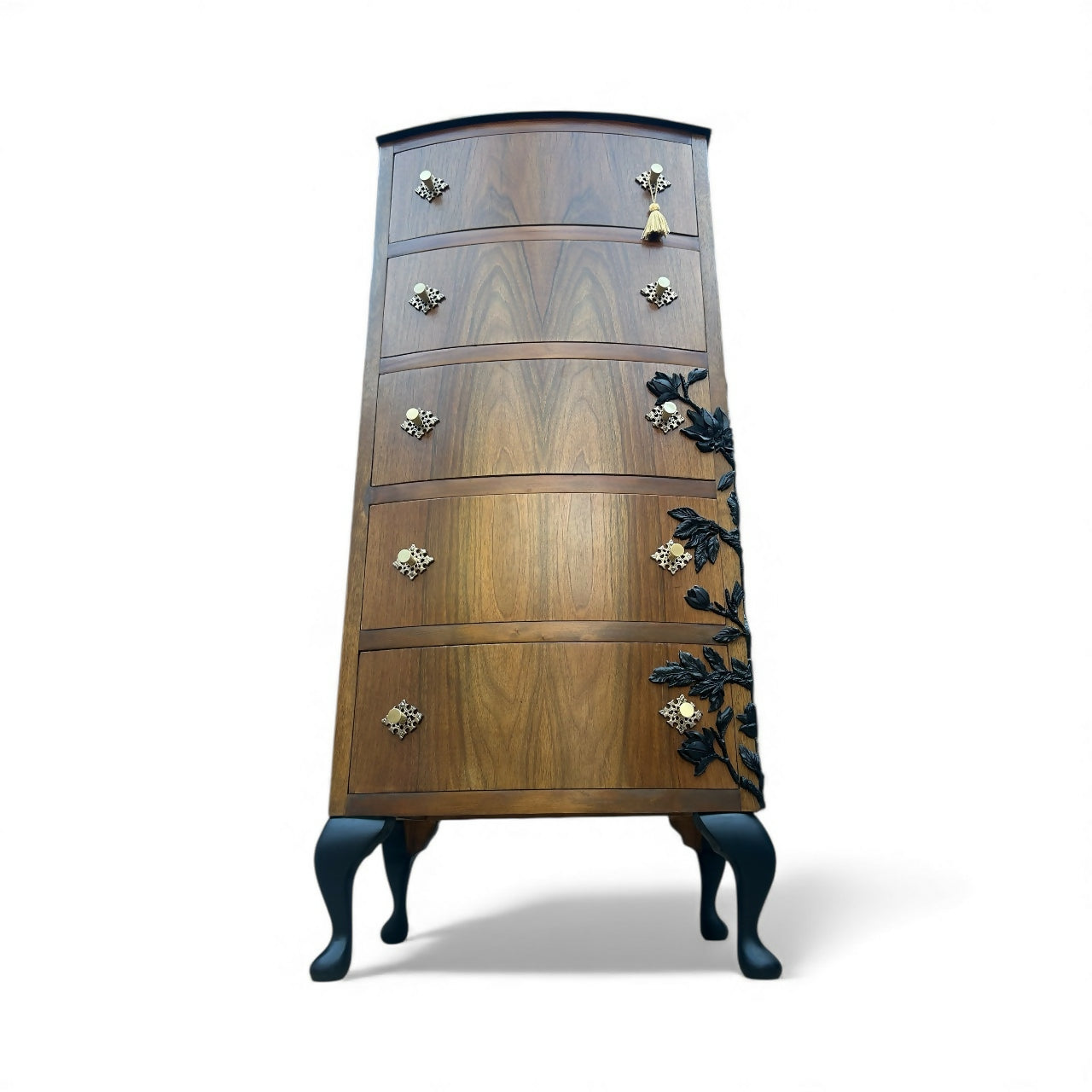 Floral Refinished Vintage Slim Tall Boy Chest of Drawers