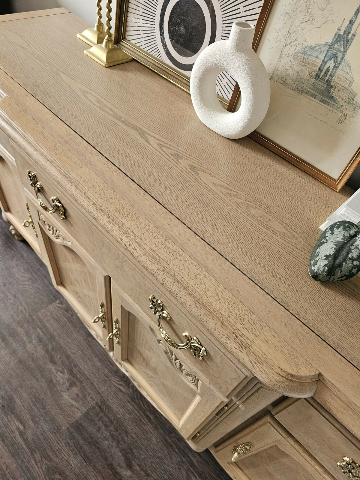 French Provincial Oak Buffet • Carved Details, Original Hardware, Satin Finish