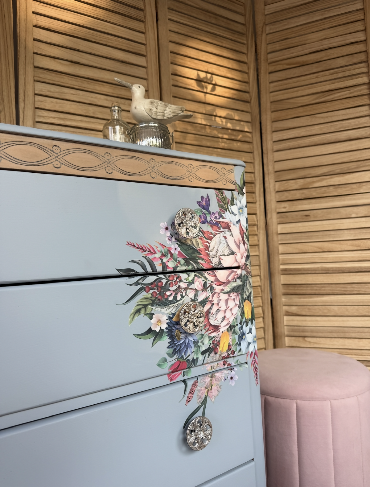 Harris Lebus Vintage Chest Of Drawers Painted Pale Blue with Floral Transfers Botanical