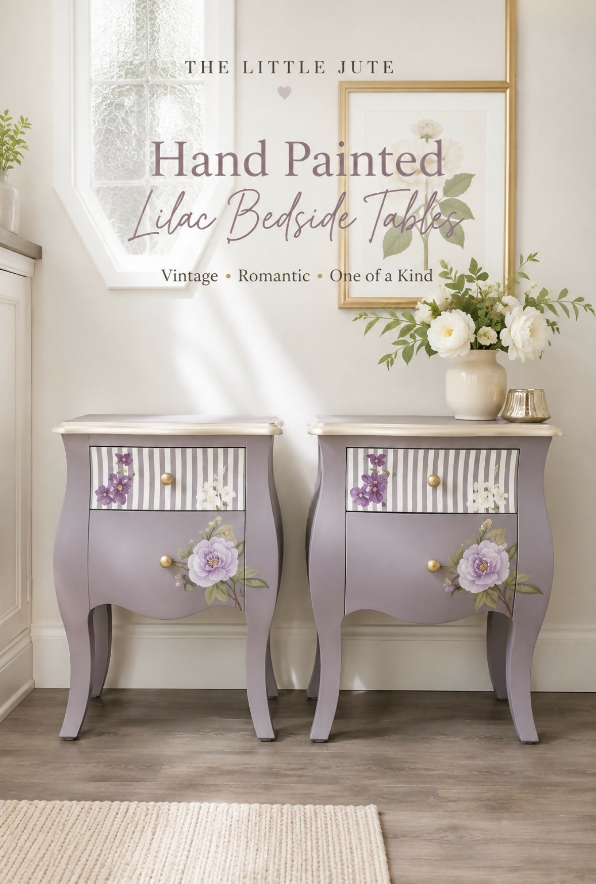 Hand-Painted Lavender Floral Bedside Tables | Vintage Upcycled Nightstands (Pair)