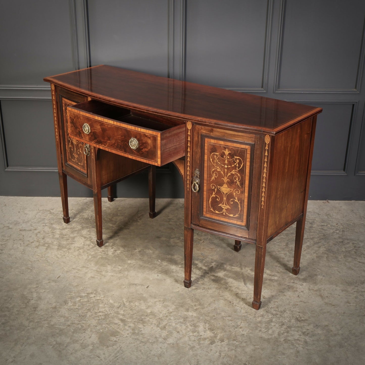 Marquetry Inlaid Mahogany Bow Front Antique Sideboard