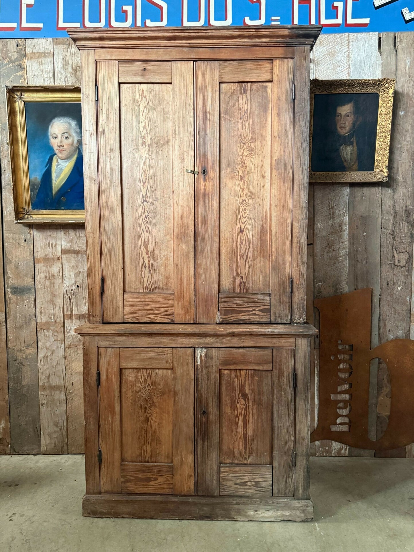 Vintage Early Victorian Tall Pine Housekeeper Pantry Kitchen Larder Shelves Double Cupboard, c.1820